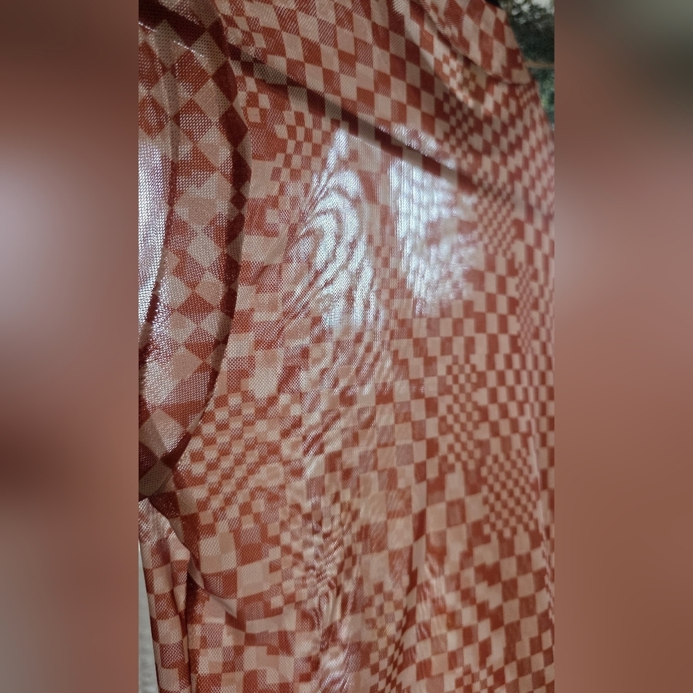 Self Esteem Checkered Rust Long Sleeve Sheer Top - Picture 4 of 4